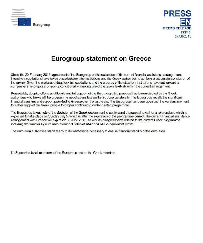 Το Eurogroup ακυρώνει τη χρηματοδοτική στήριξη προς την Ελλάδα